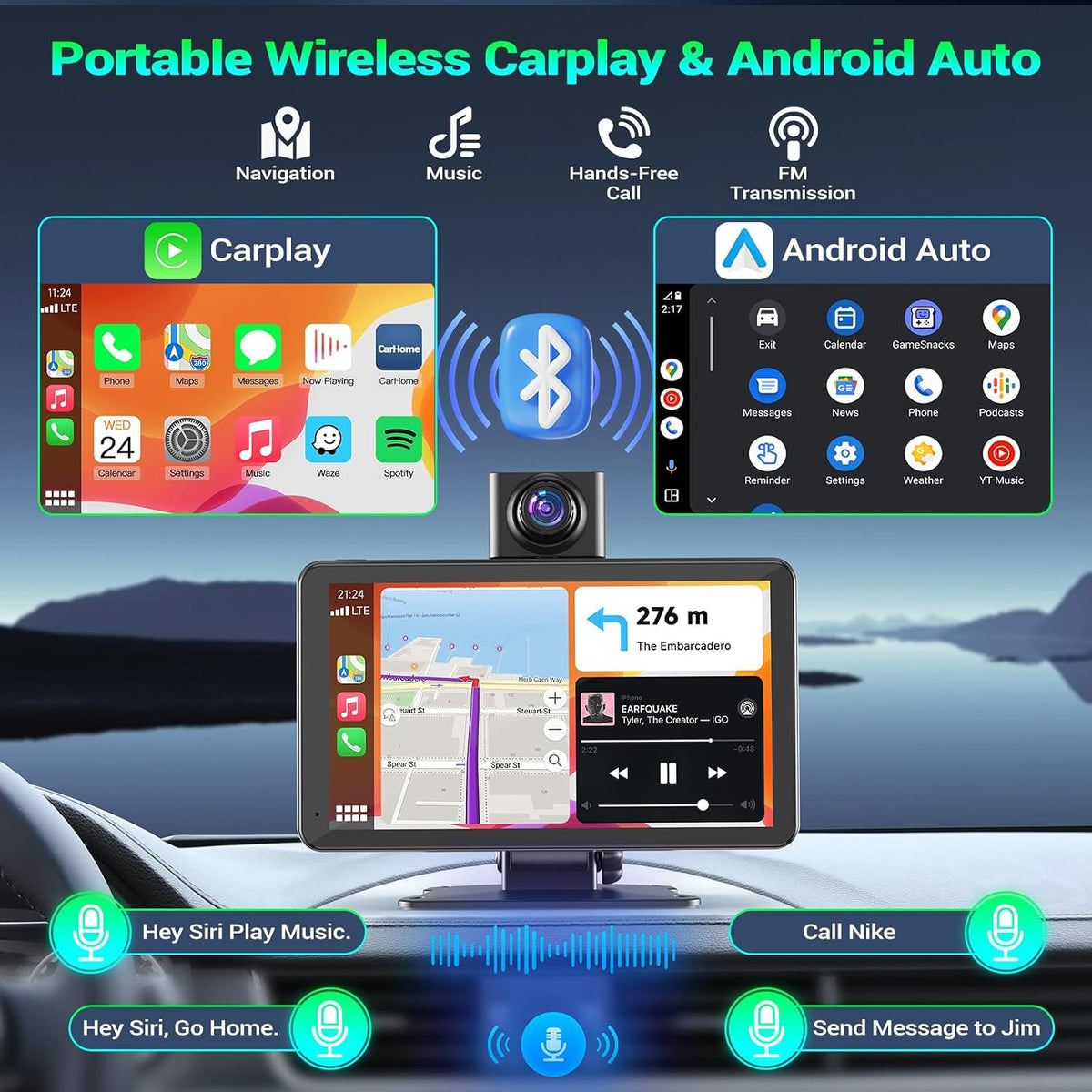 7" Portable Car Screen with Dual Dash Cam, Wireless CarPlay Android Auto