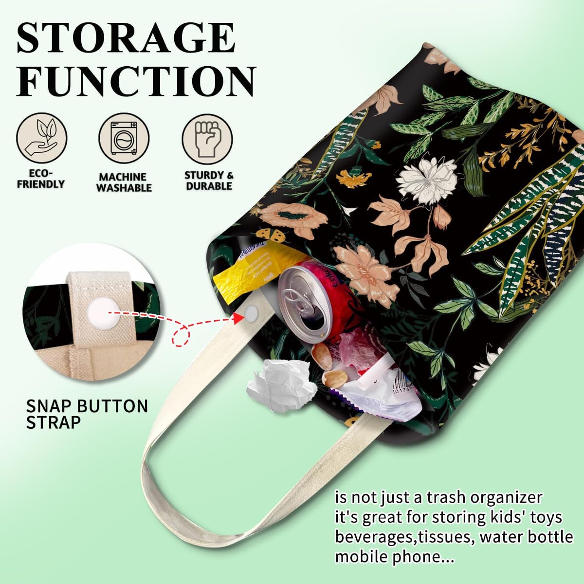 Car Trash Can, Cute Car Trash Bag, Hanging Car Organizer and Storage Bag, Trash Bin for Car Accessories, Vehicle, Travelling, Camping Cute Dark Flower