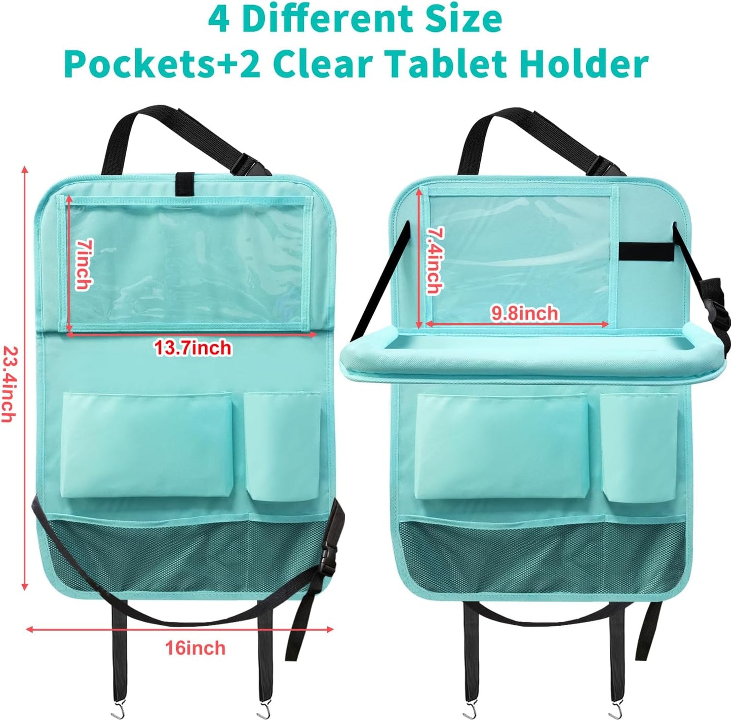 Backseat Car Organizer with Tablet Holder, 6 Storage Pockets Car Storage Organizer with Foldable Food Tray, Kick Mats Travel Accessories, 2 Pack BLue