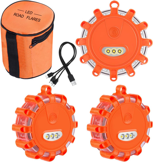USB Rechargeable LED Road Flares Emergency Lights with Magnetic Base, 9 Strobe Options Roadside Emergency Warning Car Safety Beacon Flashing Disc Flare Kit for Vehicles & Boat (Orange Lights, 3 Pack)