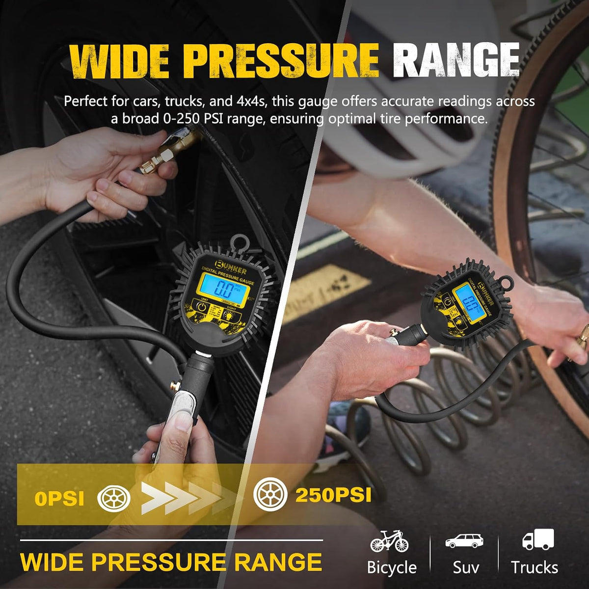 BUNKER INDUST Digital Tire Inflator with Pressure Gauge, Heavy Duty Air Chuck and Compressor Accessories with Built-in Top Light and Quick Connect Coupler, 0-250 PSI