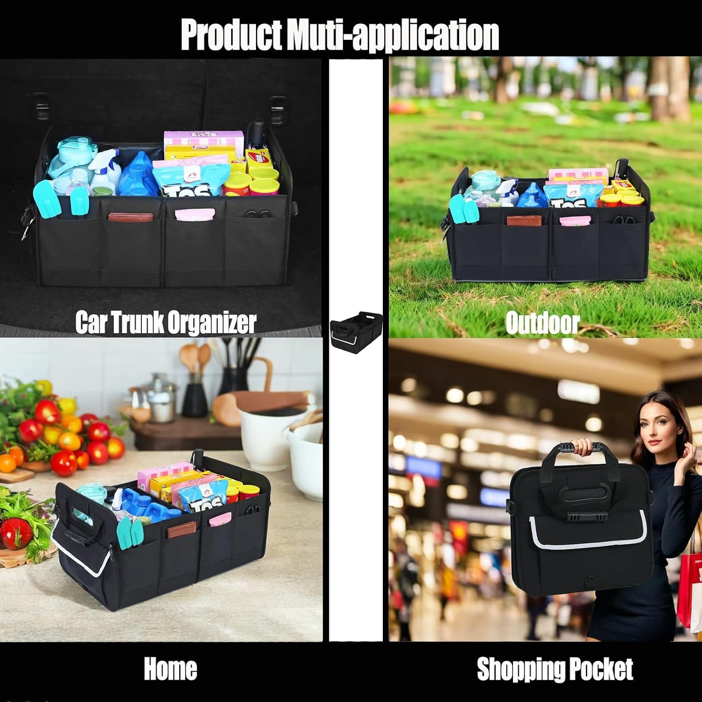 titiyiof Trunk Organizer for SUV & Sedan, Car Organizers and Storage, Waterproof Collapsible & Adjustable Straps, 70L Sturdy Car Organization for Car Accessories, Tools, Sundries (Black B, Large-A)