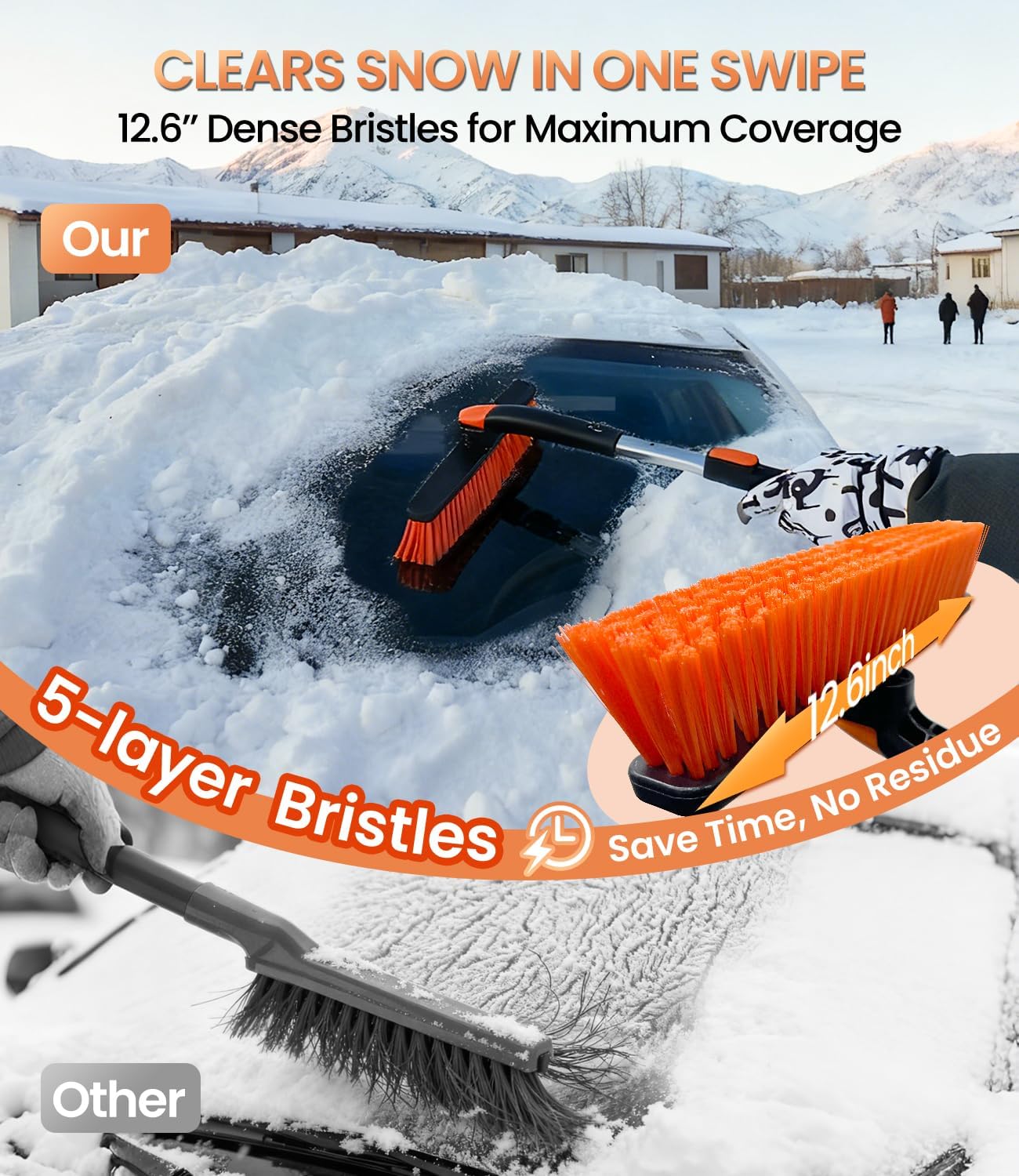 Zanch 2025 Upgrade Extendable 3-in-1 Car Snow Brush and Ice Scraper [45" Extendable Handle] with 360° Rotating Brush Head for Car Windshield Clear Snow, Ice and Frost, for All Cars/Truck/SUV