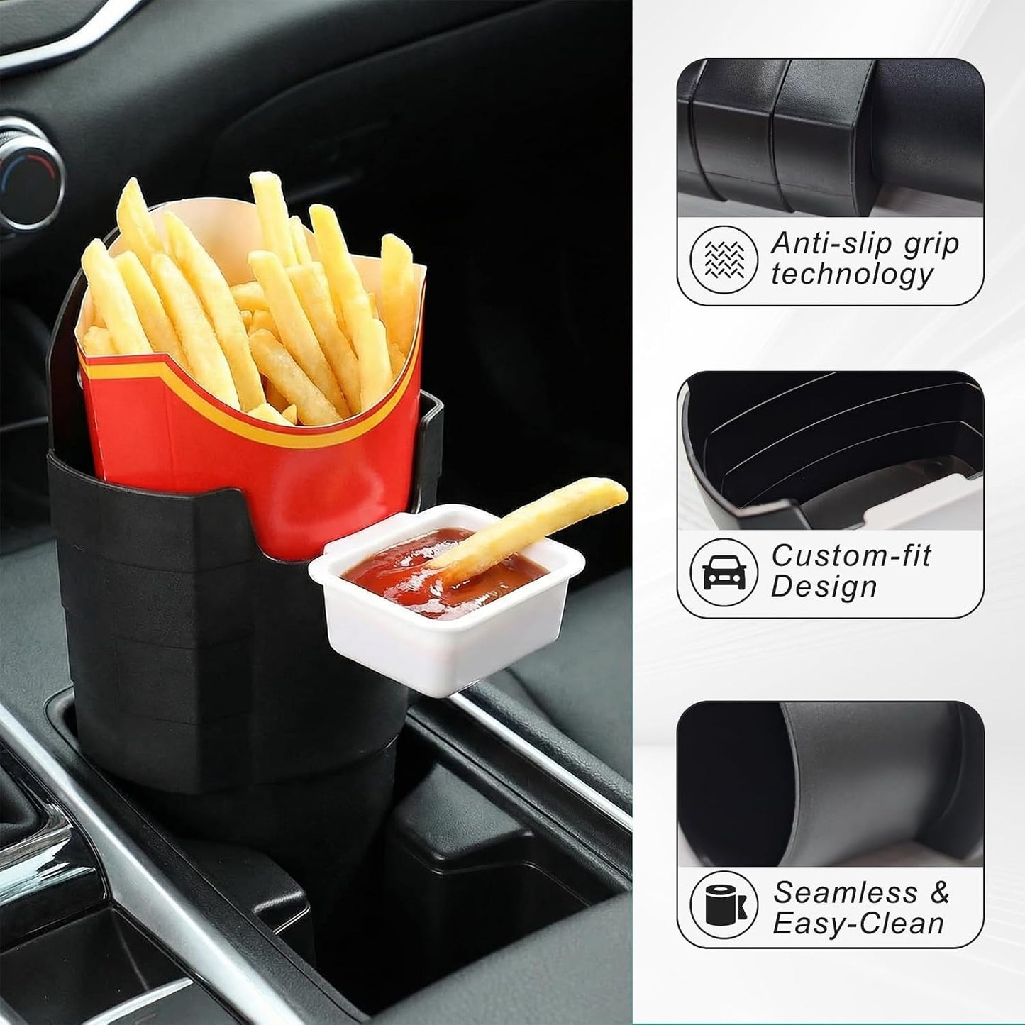 Car French Fry Holder with Cup Dip Tray, Car Sauce Holder with 2.68 Inch Base for Fast Food, Drink, Phone & Keys, Universal Interior Accessory for Vehicle, Truck, RV, Boat (Black)