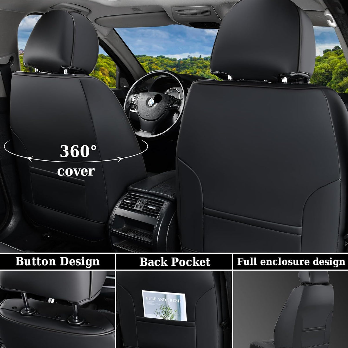 Coverado Seat Covers Front Seats, Luxury Leather Black Car Seat Cover, Waterproof Automotive Car Seat Covers Protector Interior Accessories Universal Fit Most Sedans, SUVs, Pick-up Trucks