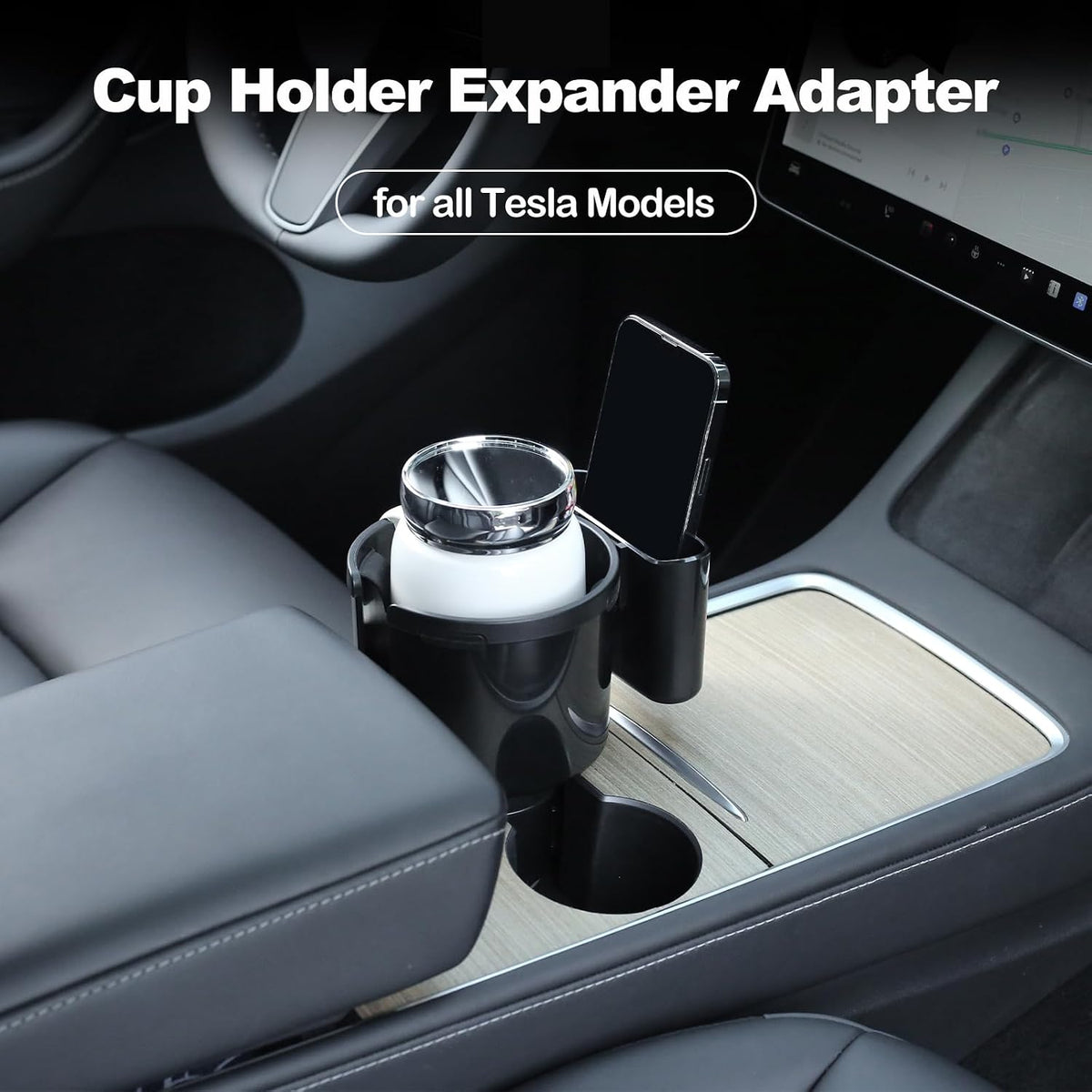 2-in-1 Car Cup Holder Expander with Phone Holder, Universal Cup Holder Adapter, Fits Yeti 14/24/36/46oz, Hydroflask 32/40oz & Large Water Bottles, Adjustable Base Fits Tesla, Truck, RV, SUV