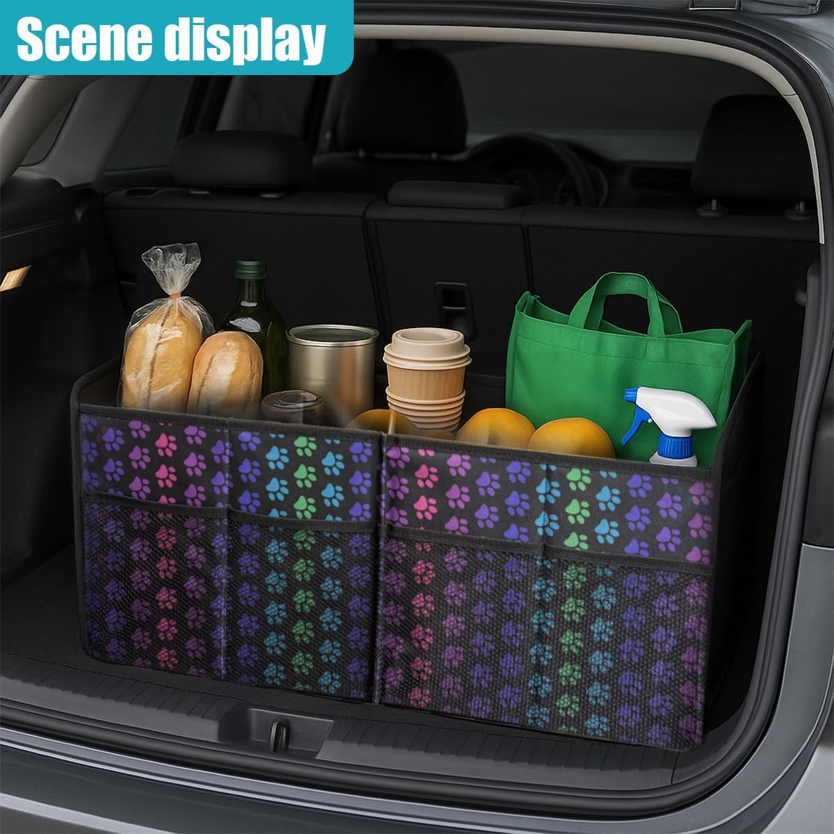 Car Trunk Organizer, Collapsible Multi-Compartment Auto Storage Box with 4 Pockets, Waterproof Oxford Fabric Car Trunk Container Accessories for Sedan SUV Truck (Colorful)