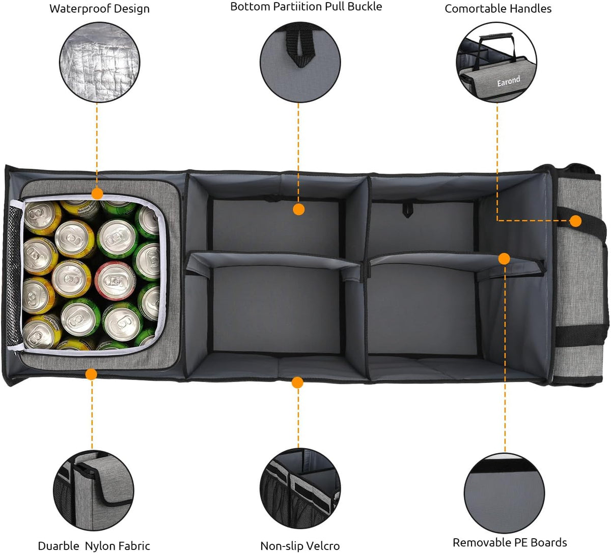 Collapsible Trunk Organizer with Insulated Leakproof Cooler Bag,Removable Lid,Adjustable Securing Straps,3 Compartments Trunk Organizer for SUV,Truck,Sedan(Light Grey)