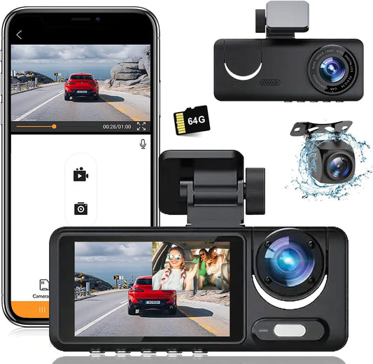 3 Channel Dash Cam Front and Rear with 64G SD Card