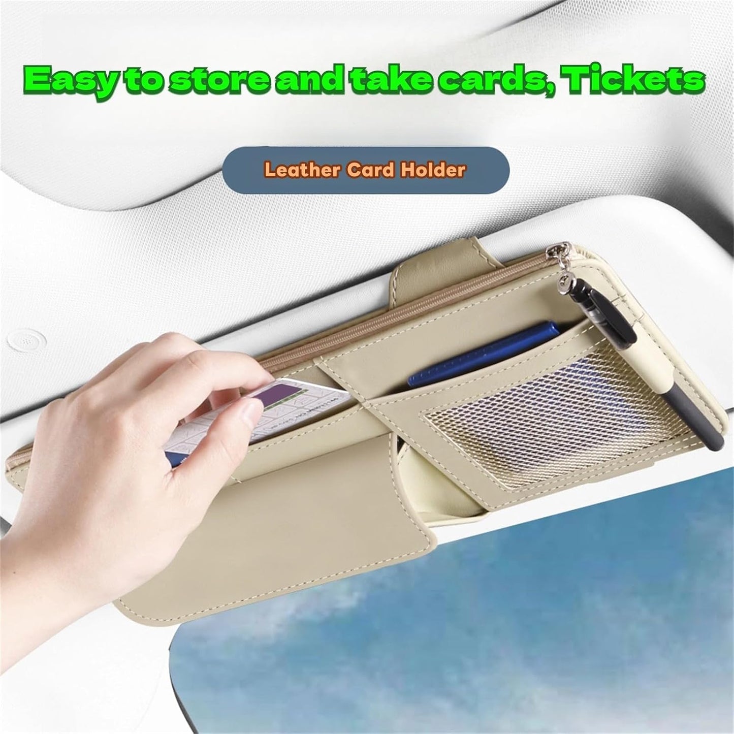 Car Visor Organizer, Multi-Pocket Sunvisor Storage with Sunglass Holder, Document Holder and Visor Card Clip, Fit for AUTO SUV & Truck, Leather Car Accessories Interior (Cream)