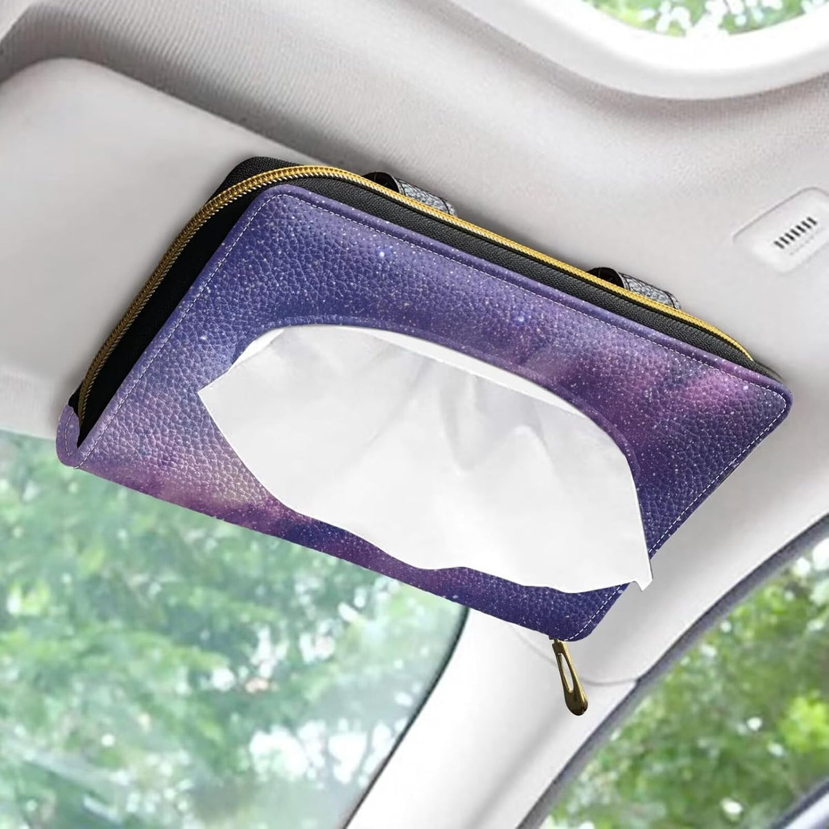 Biyejit Car Visor Tissue Holder, Purple Galaxy Print Car Mask Holder, Car Sun Visor Napkin Holder Backseat Tissue Case，Pu Leather Tissues Box, 1 Pack