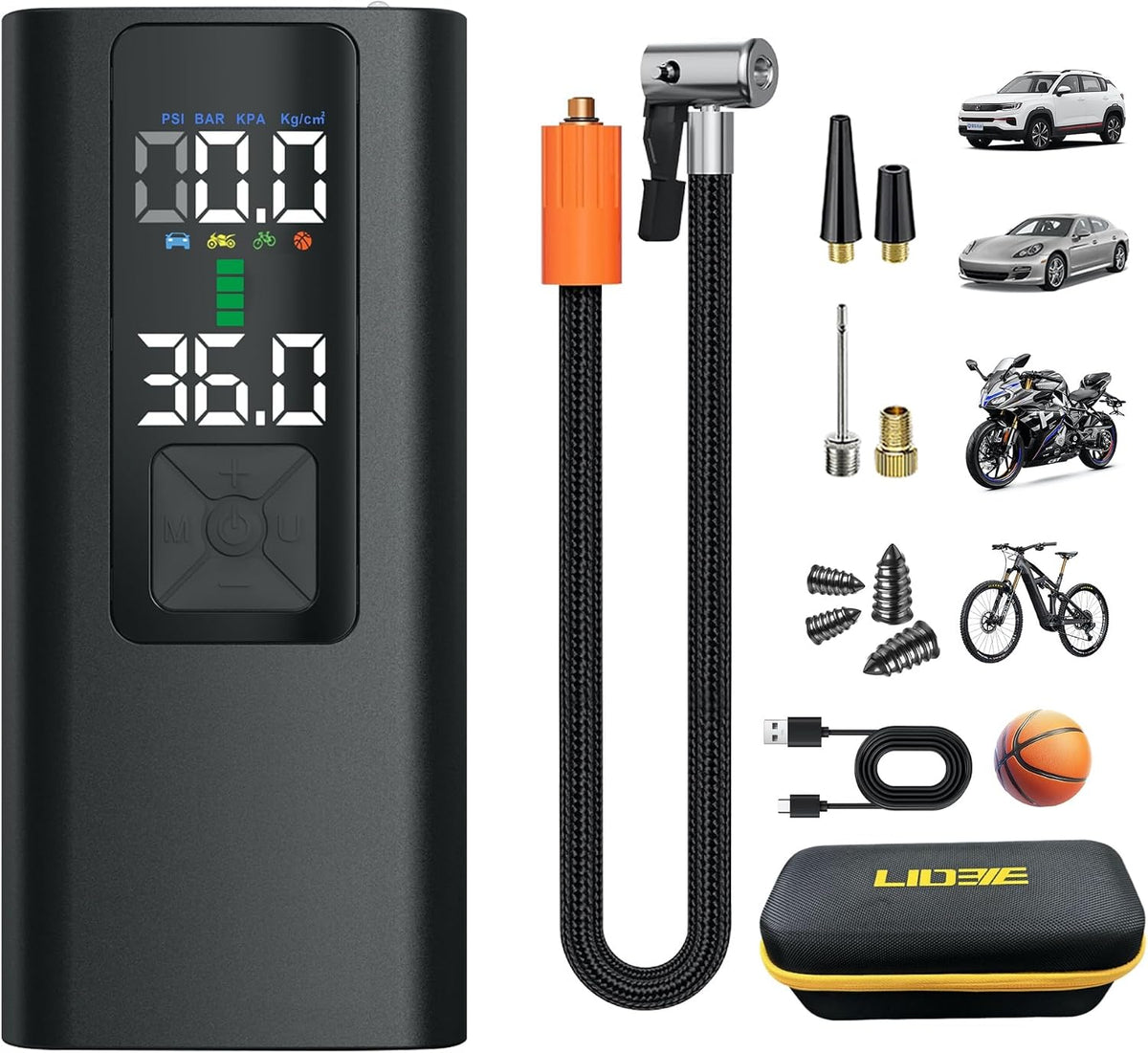 Tire Inflator Portable Air Compressor Auto Air Pump for Car Tire Car Accessories with Color Digital Pressure Gauge 4X Faster Inflation Rechargeable for Motorcycle Bike Ball Power Bank LED Light