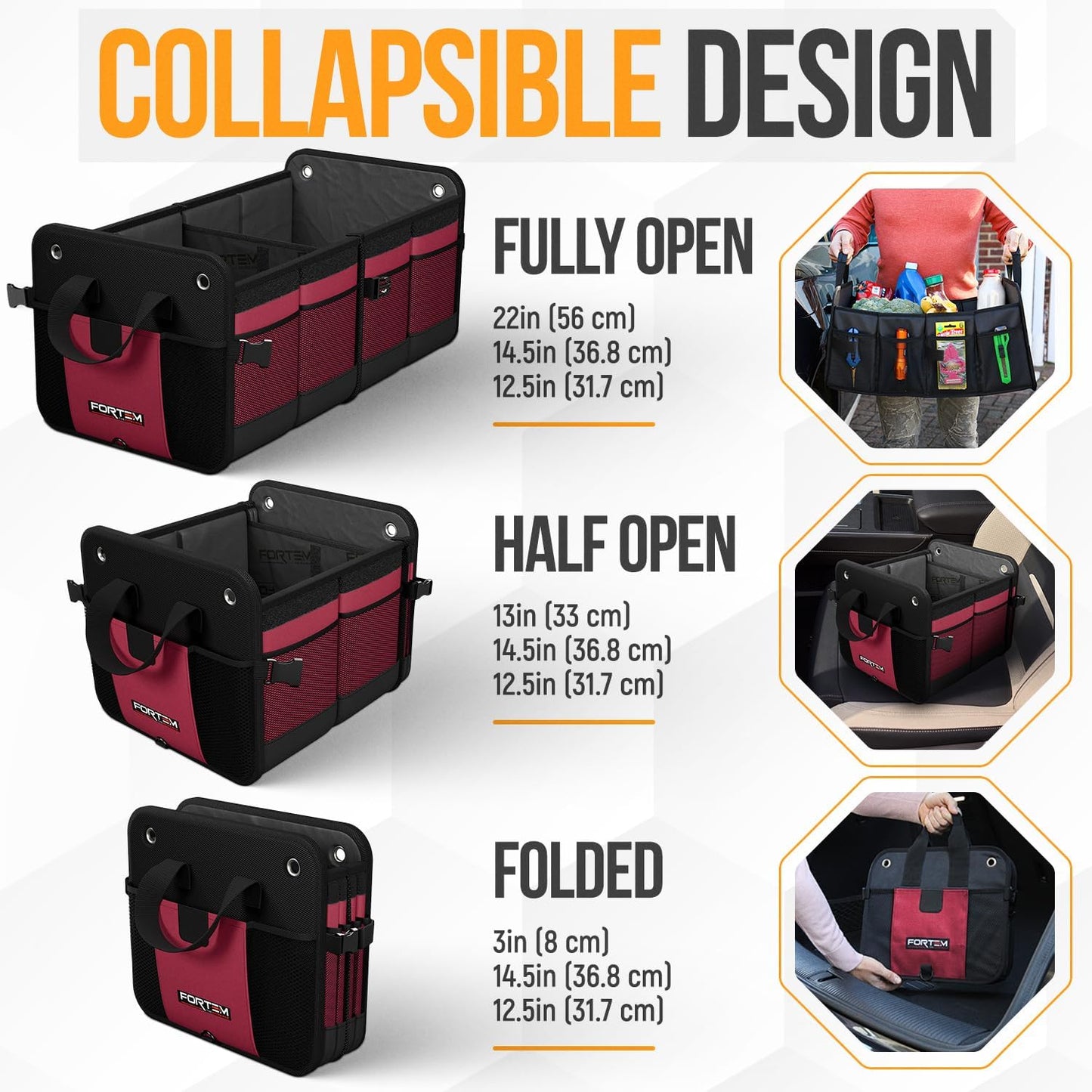 FORTEM Trunk Organizer For SUV Car Organizer and Storage, Collapsible Multi-Compartment Storage Bag Car Accessories for Women Men, 1680D Oxford, Non Slip Bottom, Adjustable Straps, Soft Cover (65L)