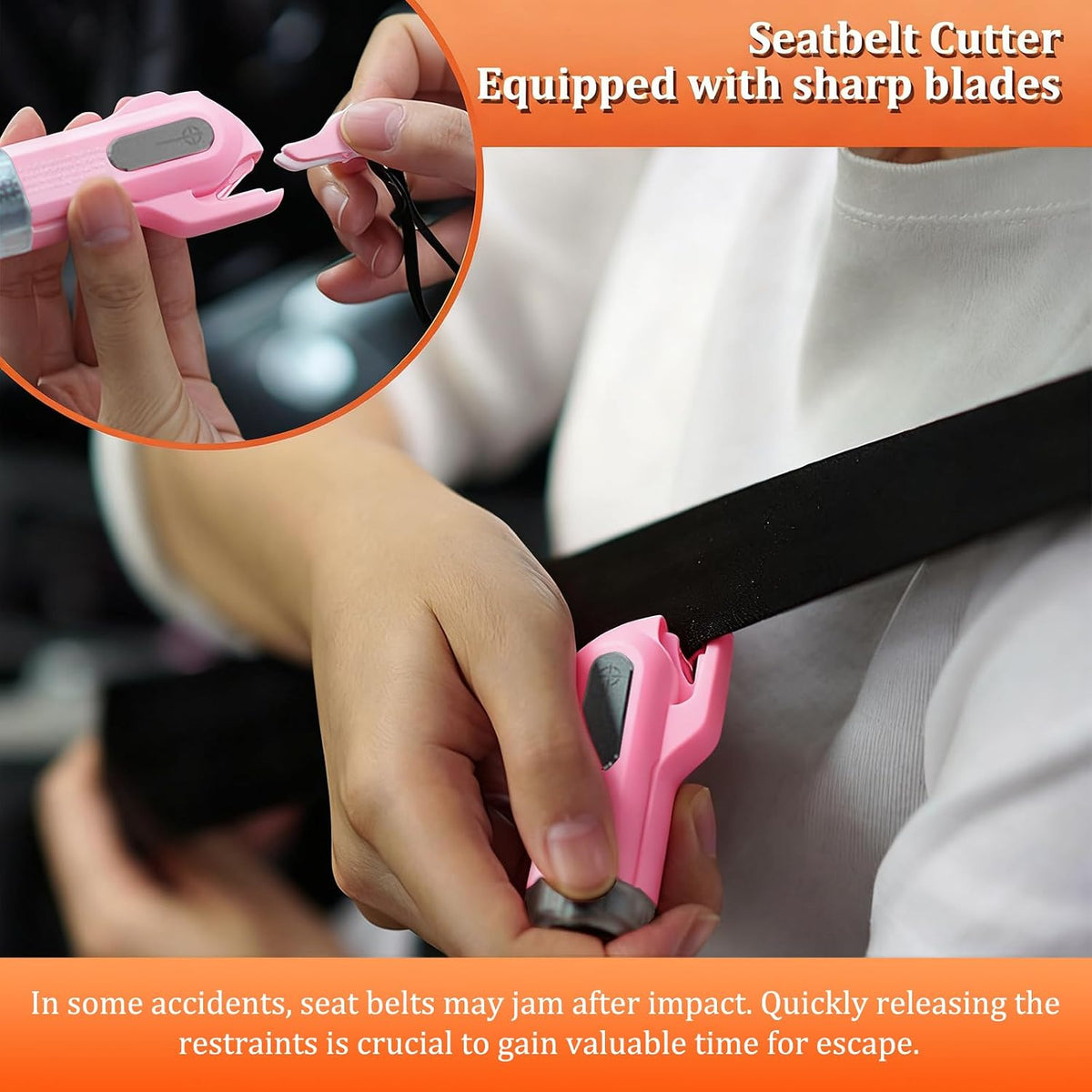 2-in-1 Window Glass Breaker Seatbelt Cutter, 2-Pack Emergency Keychain Car Escape Survival Tool, Safehammer for Land/Underwater, Pink