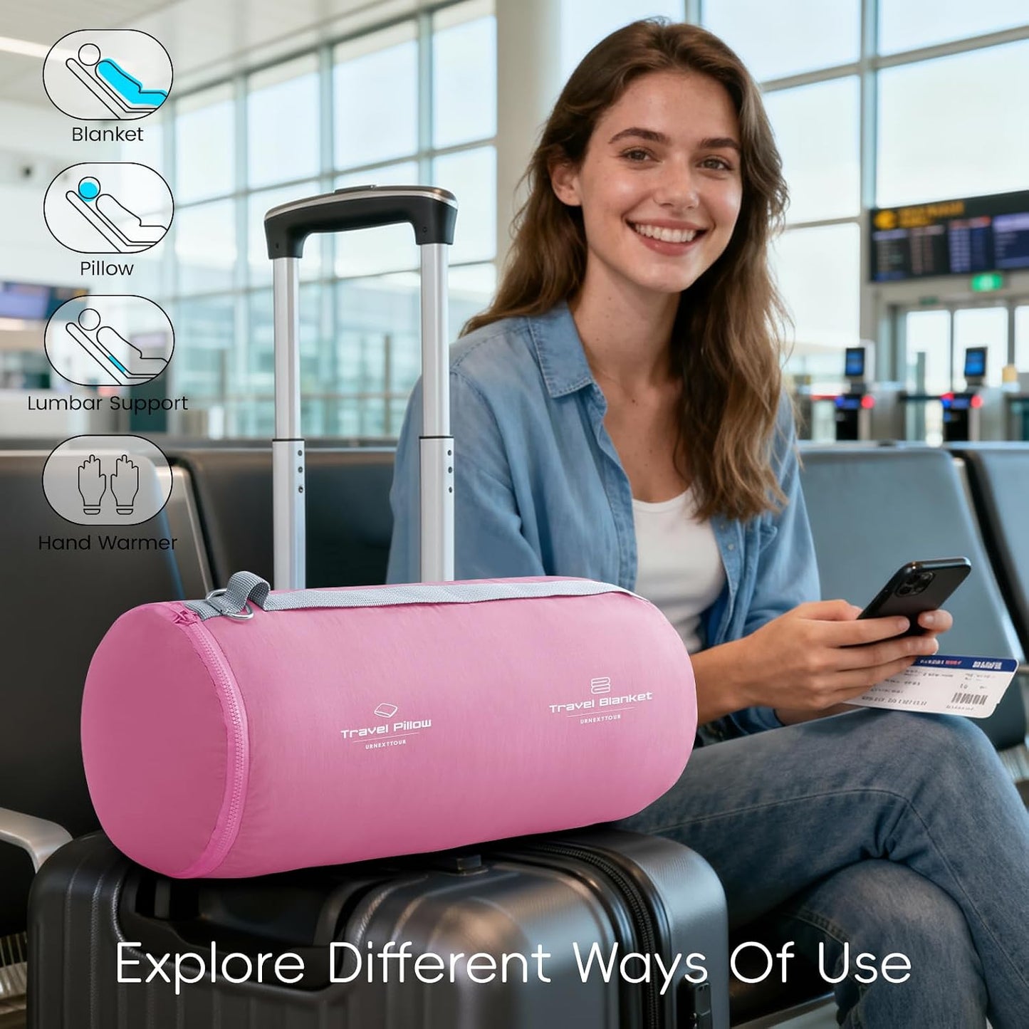 urnexttour 4-in-1 Travel Pillow & Blanket Set with Eye Mask, Memory Foam Neck Support, 50x65 Inch Blanket, Storage Bag for Airplane, Car, Train, Home Travel Pink