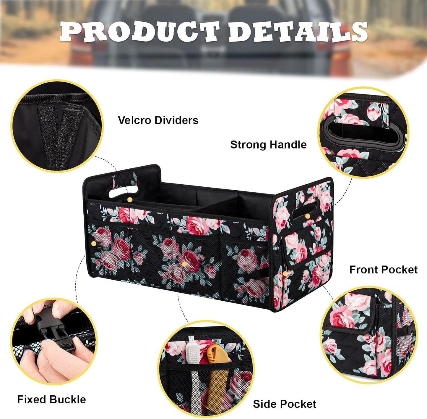Car Trunk Organizer, Collapsible Car Organizers and Storage Black Floral | Sturdy, Large Capacity, Clean Decor, Multi Compartment Container Box, Adjustable Car Accessories for SUV Sedan Truck