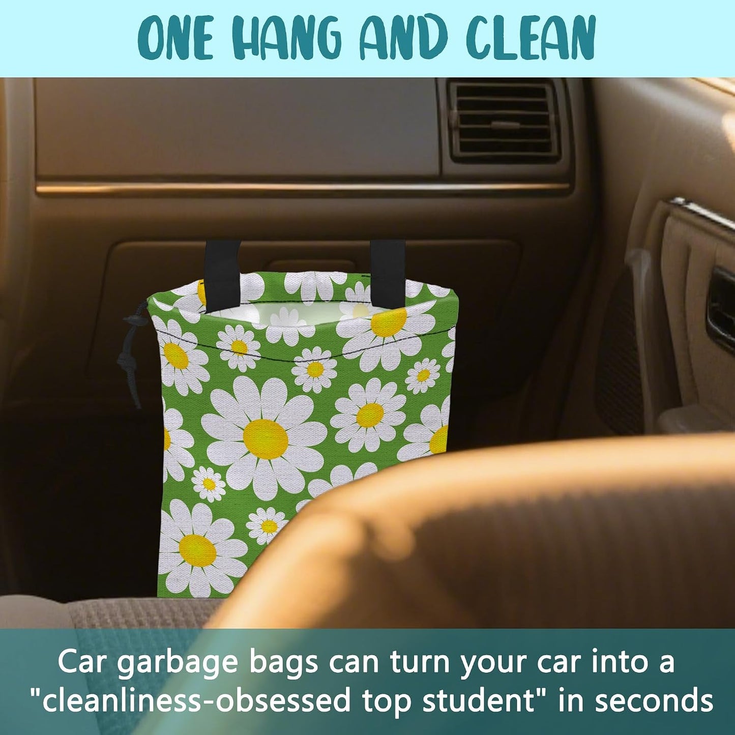 Car Garbage Bag Abstract Daisy Flowers Drawstring Car Trash Bag Hanging for Back Seat with Adjustable Buckle Canvas Vehicle Trash Can Easy-to-Install
