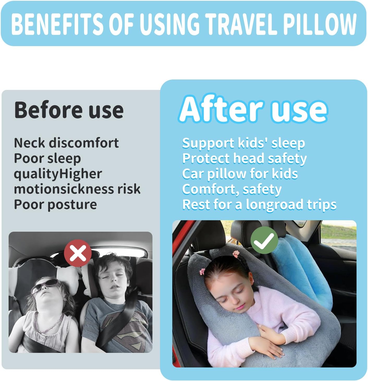 Travel Pillow,Car Pillow for Kids,Support Head and Neck on Road Trip-Grey | Car Sleeping Pillow with Adjustable Strap, Road Trip Essentials for Kids and Adults,Velvet Fabric Filled with High PP Cotton