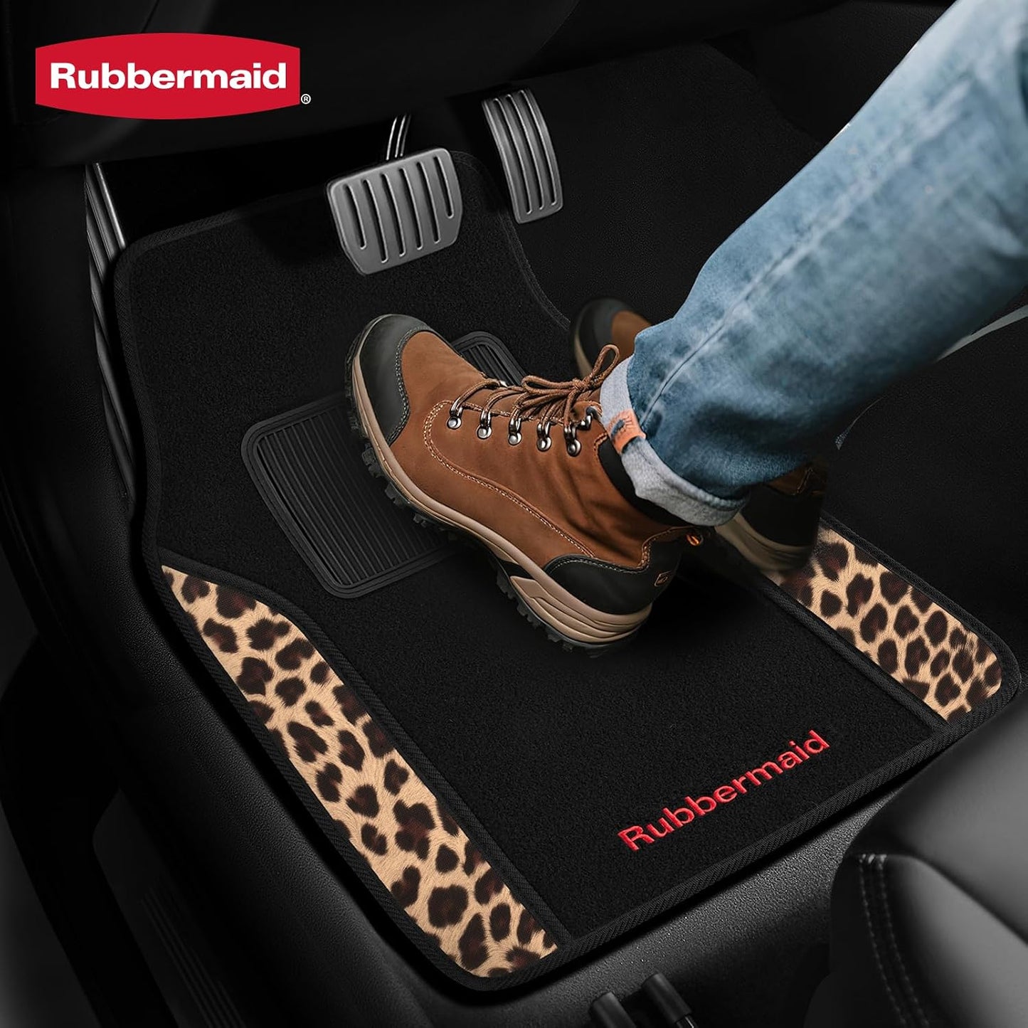 Rubbermaid Car Mats, Carpeted Floor Car Mat with Faux Leather & Built-in Heel Pad, Two-Tone Car Rug Floor Mats, Stylish Carpeted Floor Mats for Cars, Trucks & SUVs Leopard Patten Design