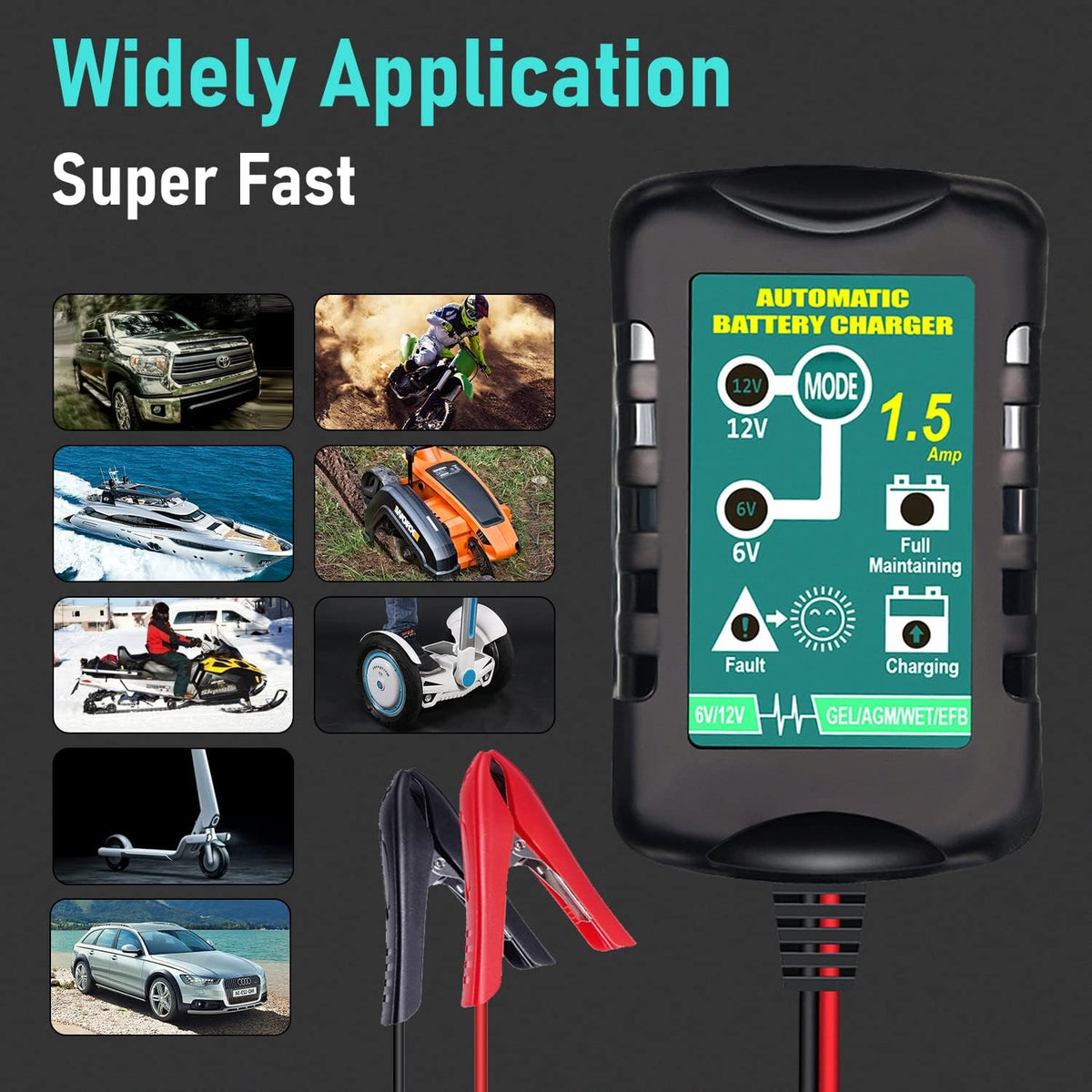 Battery Charger Automatic 6V 12V 1.5A, Trickle Charger Suitable for AGM Gel SLA VRLA Flood Lead-Acid Batteries, Starting Batteries for Auto Car Motorcycle, Dual Voltage Output Detection and Repair