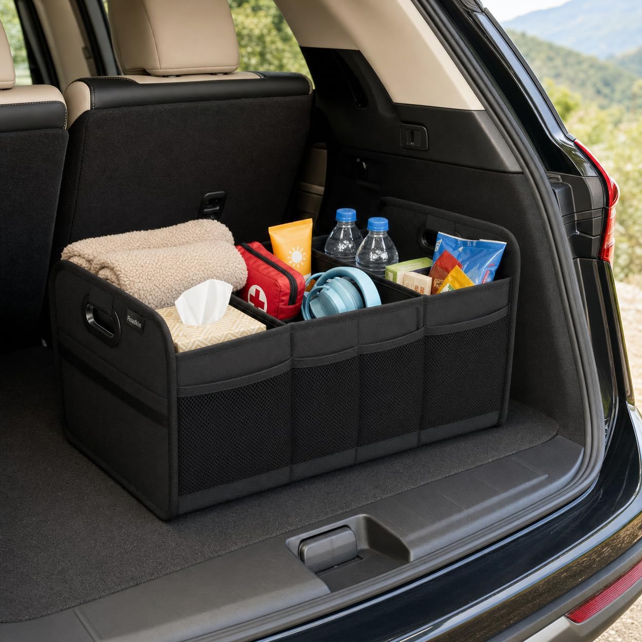 Car Trunk Organizer Foldable Waterproof Storage Caddy with Handles, Collapsible Auto Organizer for SUV, Truck, Van, Black