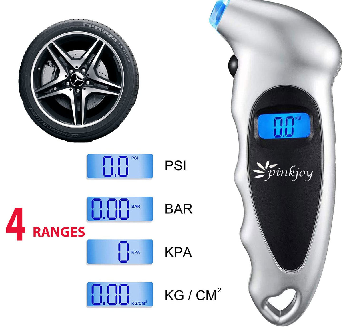 PINKJOY Digital Tire Pressure Gauge 2 Pack 150 PSI, 4 Settings, Tire Gauge for Car, Truck, Motorcycle, Bicycle with Backlit LCD and Non-Slip Grip (Silver)