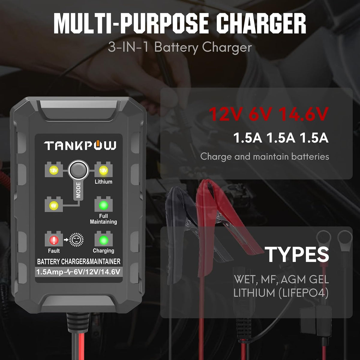 6V/12V 1.5A Automatic Battery Charger,Smart Battery Charger with Overcharge Protection,Trickle Charger Maintainer for Cars,Motorcycle,Lead-Acid&Lithium(LiFePO4) Deep Cycle Batteries