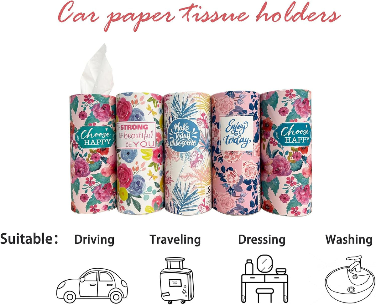 5-Pack Car Tissue Holder (4PK + 1 Lucky Color PK),Car Tissues Cylinder, Cute Floral Design & Positive Quotes | Compact, Super Absorbent 3-Ply Tissues for Car Cup Holders