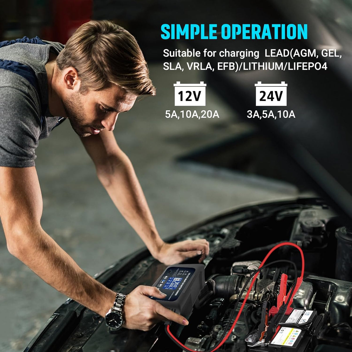 20A Car Battery Charger, 12/24V Smart Trickle Charger & Maintainer
