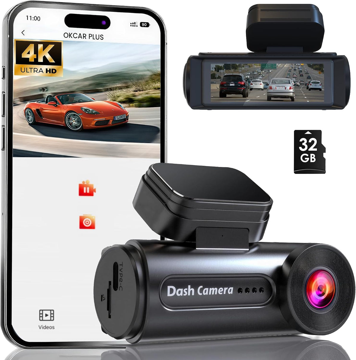 4K Dash Cam Front with Built-in WiFi, Dash Camera for Cars, 32GB Card Included, Super Night Vision Dash Camera, Loop Recording Car Camera, G-Sensor, 24H Parking Monitor, Supports Up to 256GB