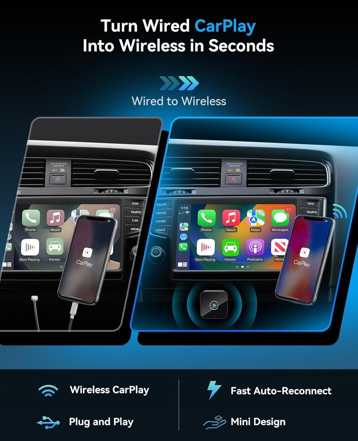 Wireless CarPlay Adapter 2 in 1 2026 Upgraded for Factory Wired carplay