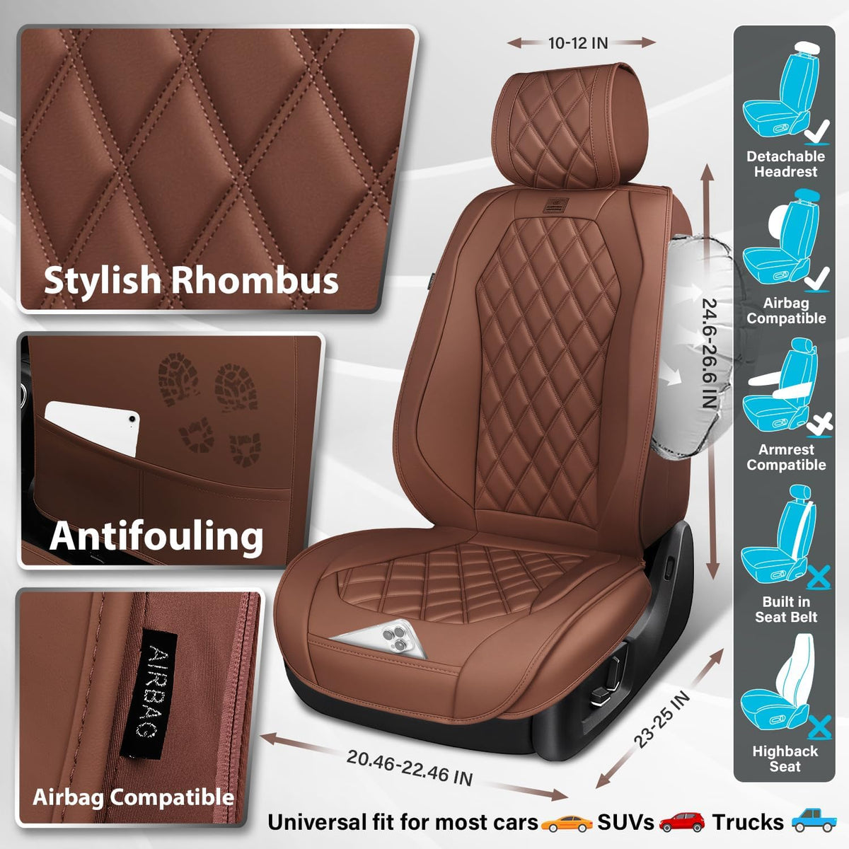 CAR PASS Luxury Nappa Leather Seat Covers Full Set, 3D Rhombus Waterproof Faux Leather Seat Covers, Universal Automotive Seat Cushion Fit for Most Sedan SUV Truck Van, Airbag Compatible Brown