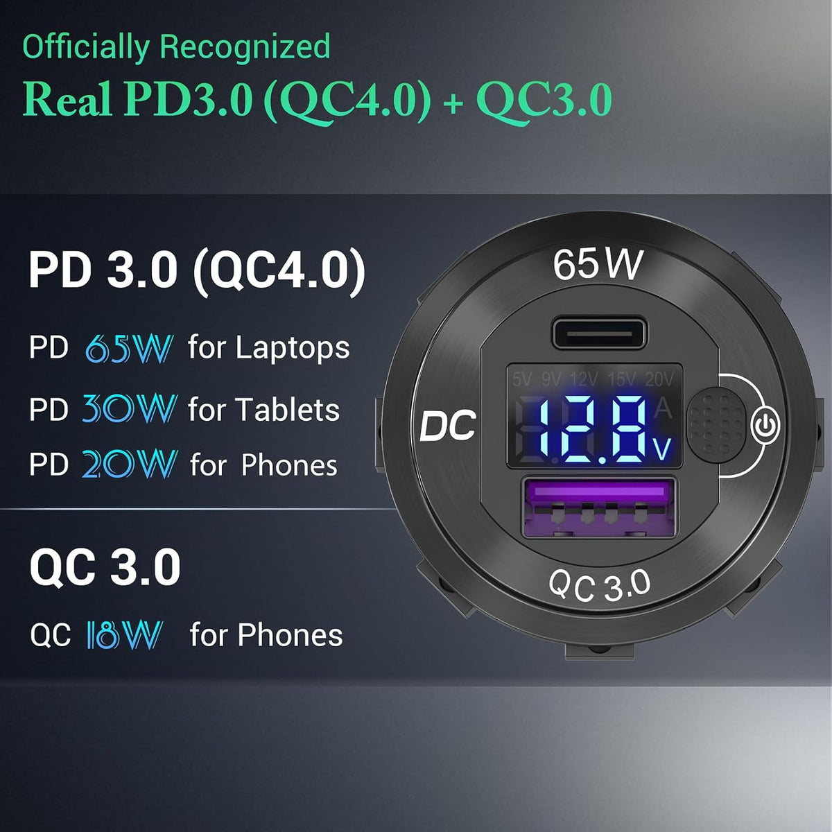 83W 12V USB Outlet, USB C Car Charger Socket with 65W PD3.0 & QC3.0