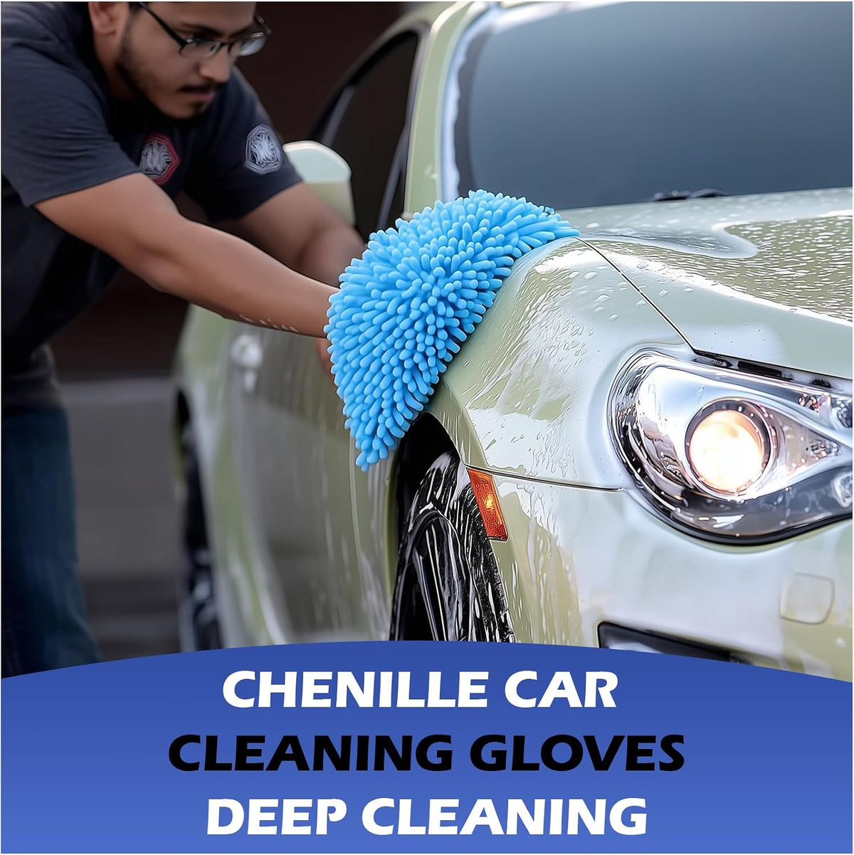 4Pcs Car Wash Mitt Microfiber Gloves Chenille Material Microfiber Towels for Car Washing Supplies Kit Scratch Free Cleaning Gray + Sky Blue