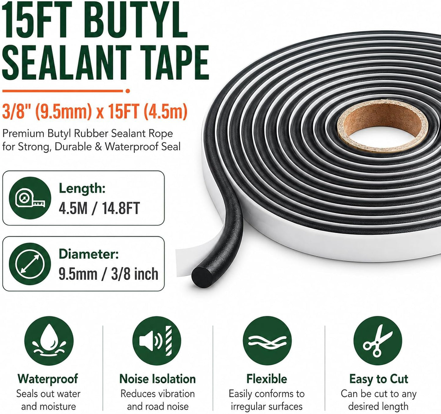 15FT Butyl Rope Butyl Rubber Sealant Tape for RV Car Headlamps Window Door Windshield, Black Waterproof Butyl Seal Tape- 3/8" X 15'(4.5m)