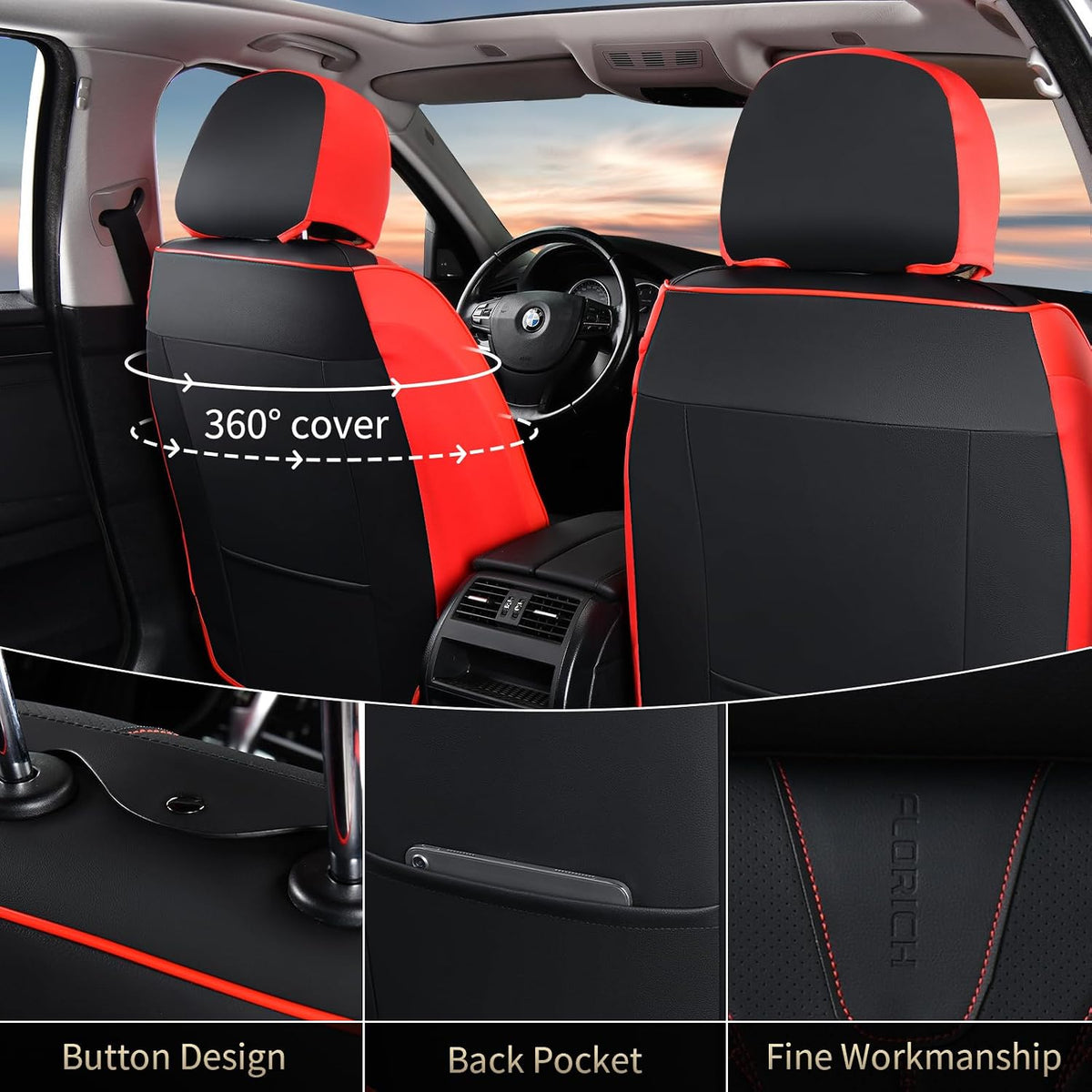 FLORICH Car Seat Covers Front Seats Luxury Faux Leather Waterproof Seat Covers Car Seat Protector Automotive Seat Covers Cushion Universal Fit for Most Cars SUV Trucks, Black&Red