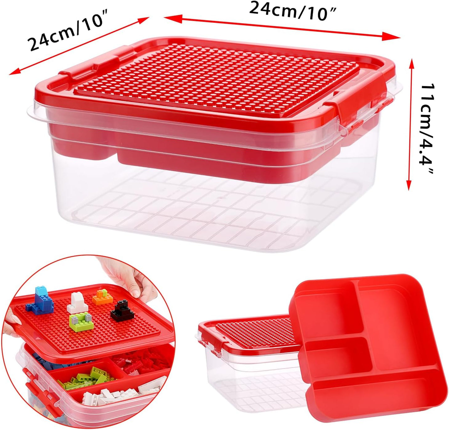 Plastic Storage Container with Bricks Baseplate Lid for Building Blocks, Bricks Building Set Organization Bin with Compartments Tray, Stackable Storage Box Building Block Chest Case (Red)