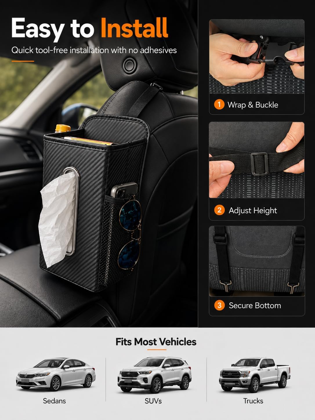 Leather Car Tissue Holder for Front & Back Seats, Car Tissue Box with 2 Side Mesh Pockets, Wide Metal Opening for Easy Pull, Fits 100–160 Count Rectangular Tissue Boxes, Carbon Fiber