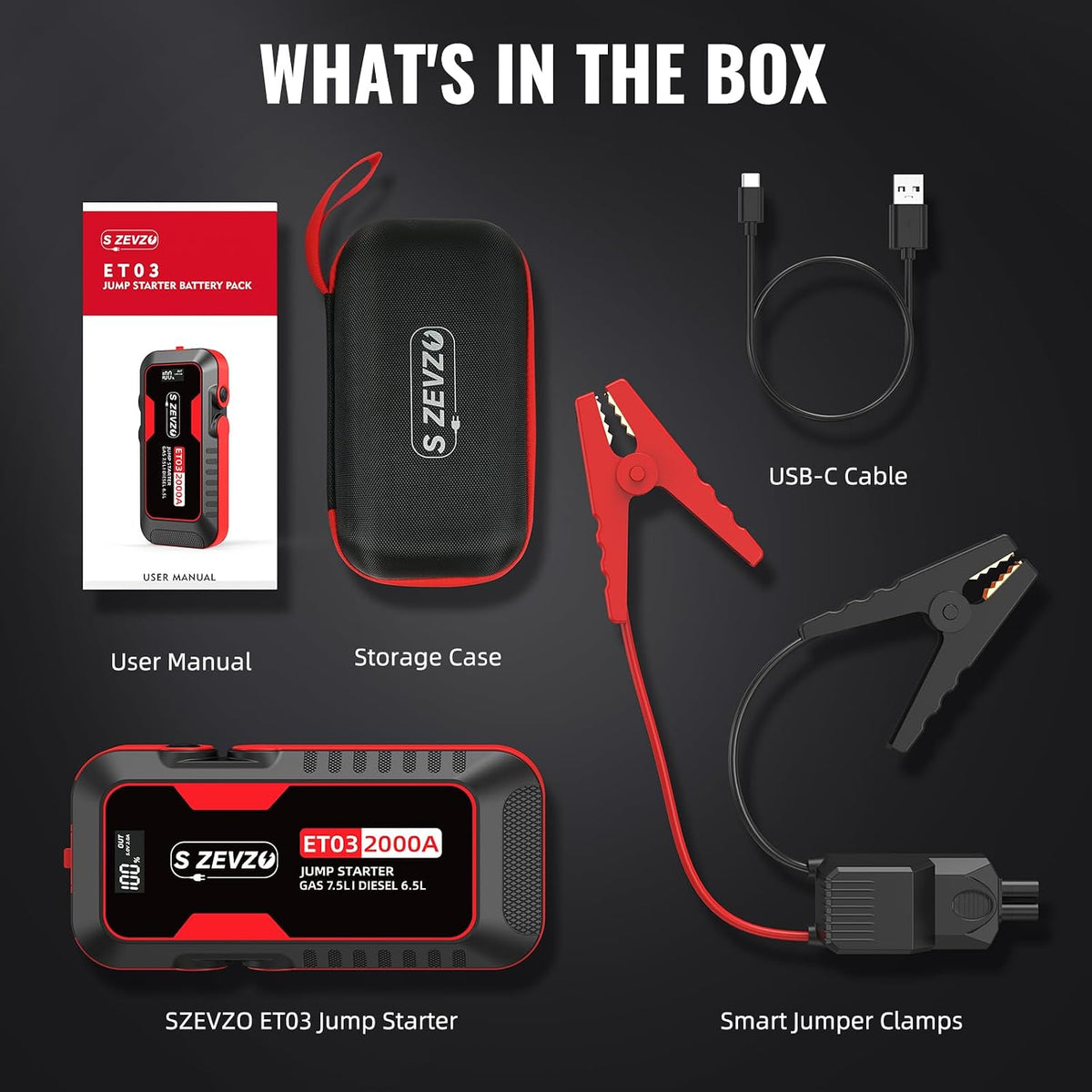 S ZEVZO ET03 2000A Car Jump Starter for 7.5L Gas and 6.5L Diesel Engines