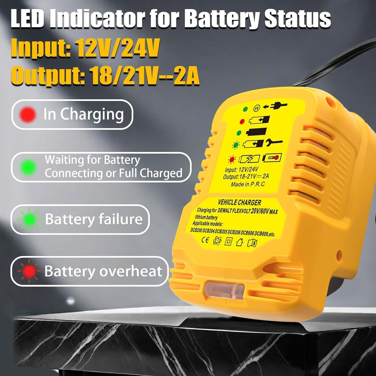 Car Charger for Dewalt Battery, Replace Vehicle Charger for Dewalt 20V 60V MAX Battery DCB203 DCB201 DCB204 DCB206 DCB606 DCB609, LED Indicator, Compact Design