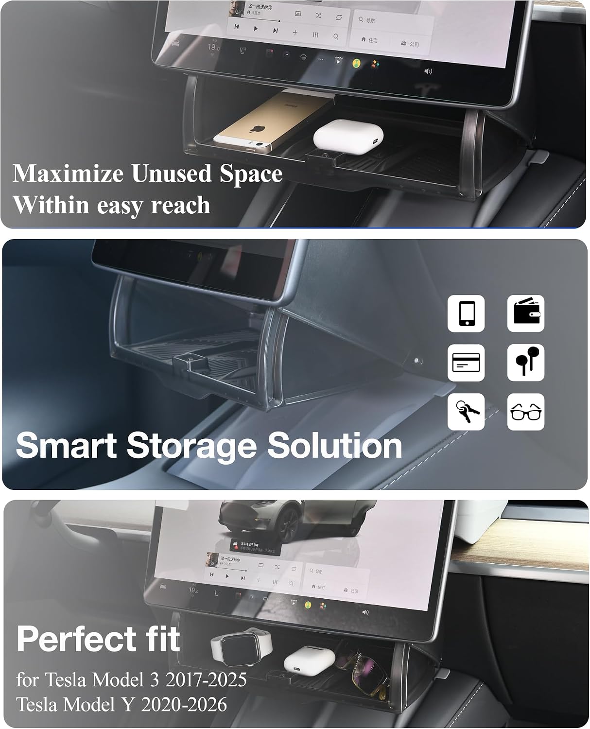 Tesla Hidden Under Screen Storage Box [One-tap Open &amp; Smooth Damping Slides] Center Console Organizer for Model Y Juniper Model 3 Highland 2026~2016 (Fit New Model Y/3 Standard, Premium &amp; Performance