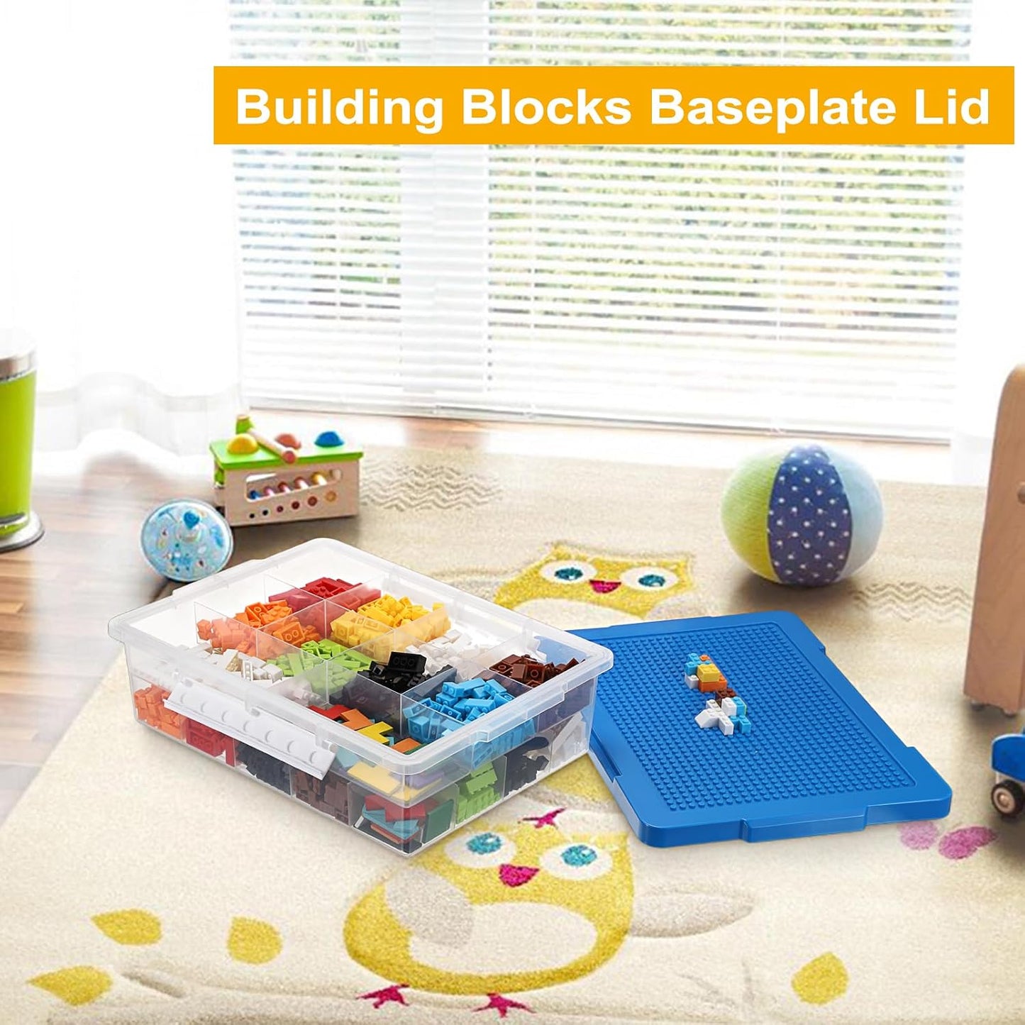 Plastic Organizer Bins for Blocks, Blocks Storage Container with Baseplate Lid Removable Tray, Stackable Double Layer 30 Slots Clear Storage Box Organizer for Bricks, Crafts, Beads(Blue)