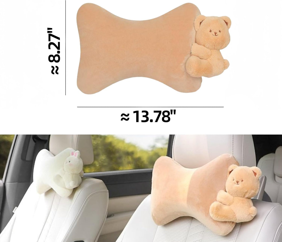 Car Headrest Pillow 2PCS Plush Bear ＆ Bunny Car Seat Headrest Pillow - Memory Foam Neck Support Cushions for Comfortable Driving, Easy Install & Washable (Brown Bear)