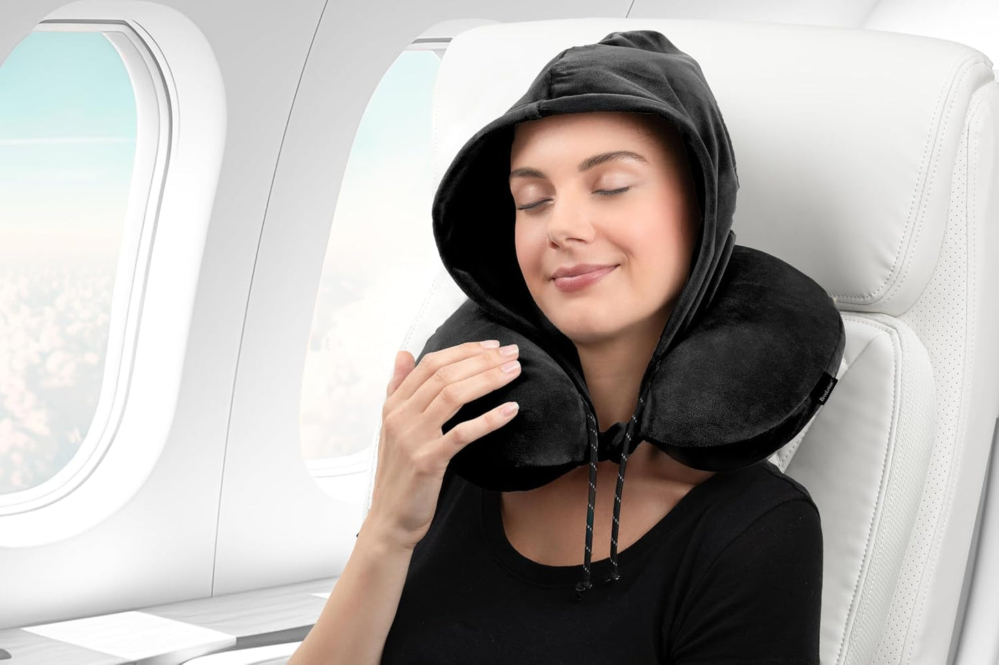 Brookstone Neck Travel Pillow - U-Shaped Memory Foam Hooded Neck Pillow with Snap Closure for Sleeping Airplane Car Travels, Size One Size, Black