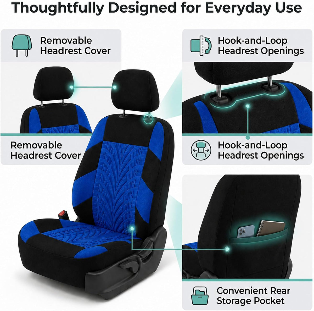 FH Group Front Set Travel Master Car Seat Covers - Covers for Low Back Car Seats with Removable Headrest, Universal Fit, Automotive Seat Cover, Airbag Compatible Car Seat Cover for SUV, Sedan Blue