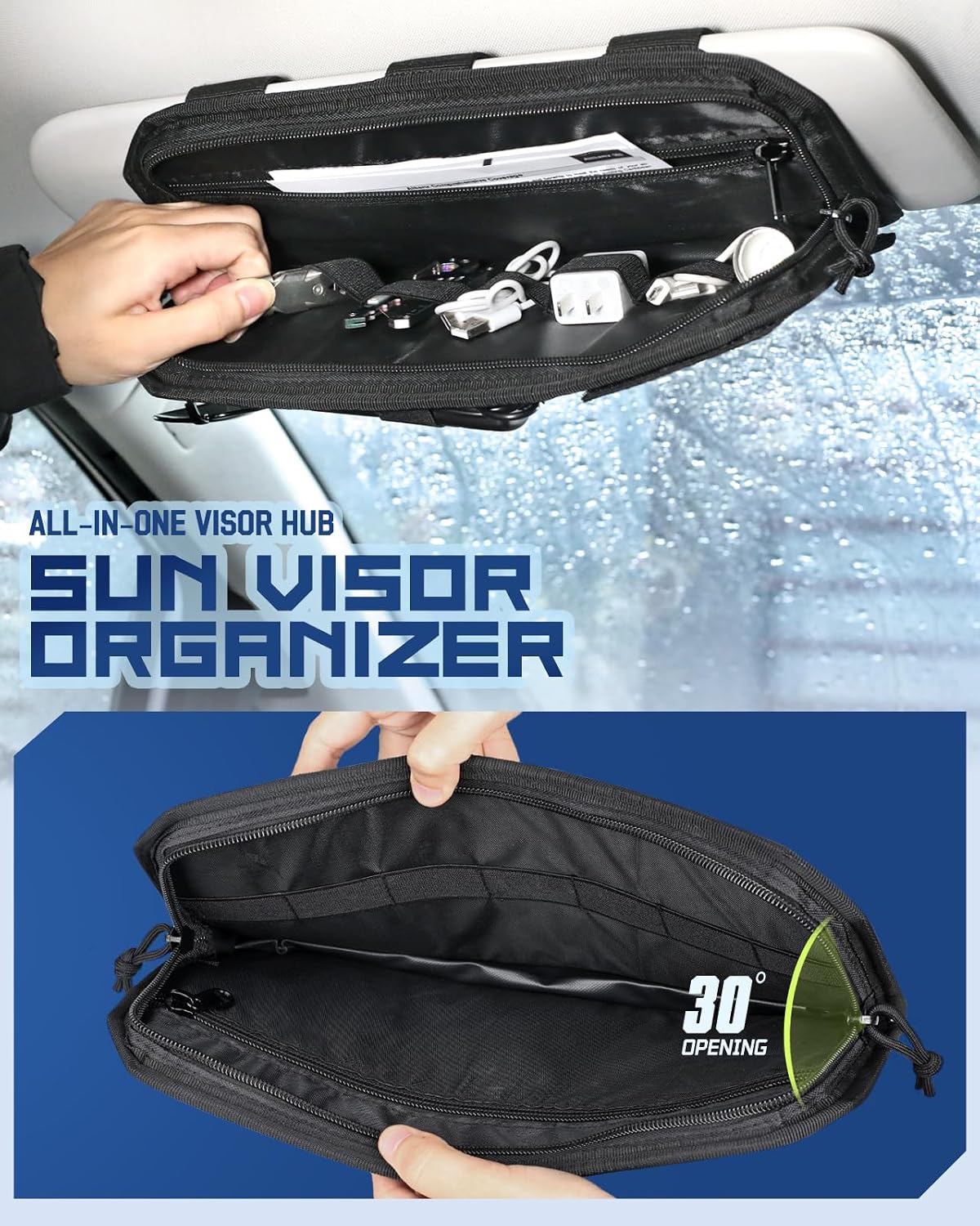 Molle Car Sun Visor Organizer, Fit Most Car Truck Patrols Van SUV | Auto Accessories Semi-Rigid MOLLE Panel, with Zipper Storage Pouch, Glasses Holder, for Gears Road Trip Daily Driving