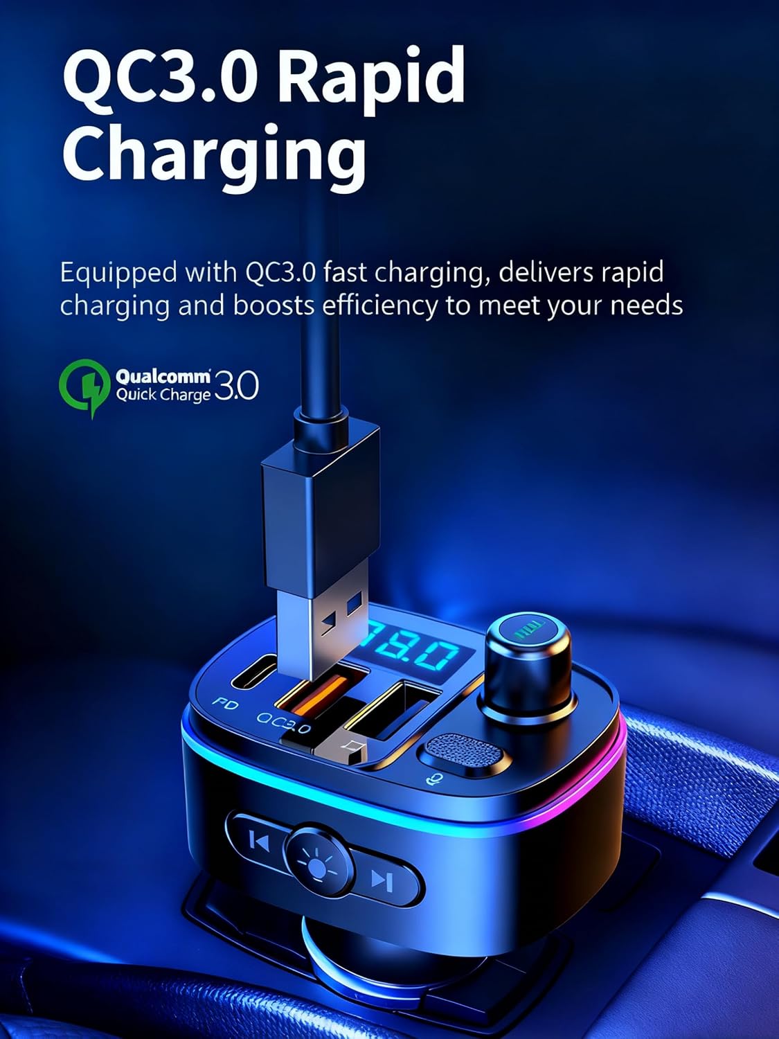 TISONNY Bluetooth FM Transmitter for Car, with Dual Fast Charging (QC3.0 & PD 20W), Qualcomm 5.0 Chip, Hands-Free Calling, Support USB/TF Card Playback, Plug and Play for All Cars