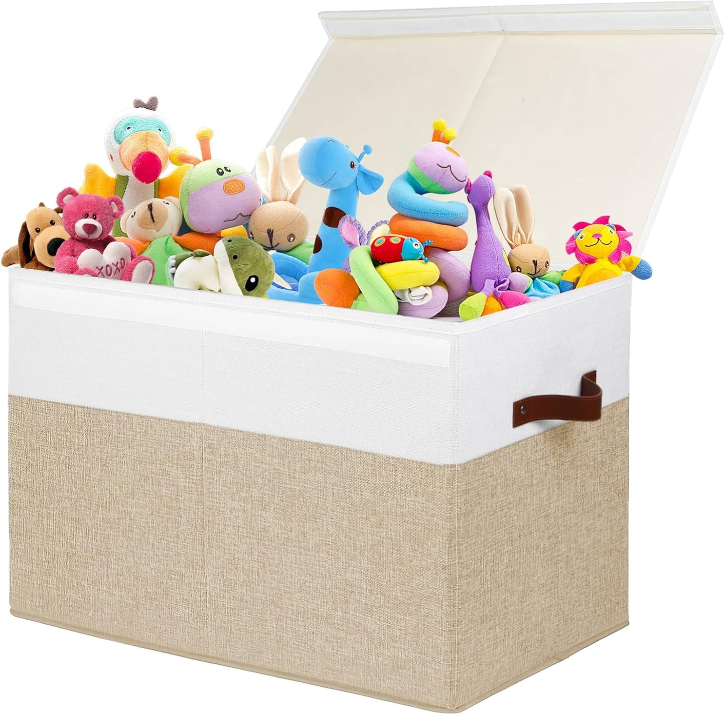 Gowee Large Toy Storage Box with Lid, Sturdy Toys Storage Chest Bin Organizer Basket with Dividers for Kids, Boys, Girls, Nursery, Closet, Bedroom, Playroom 25"x13" x16" (Beige and White)