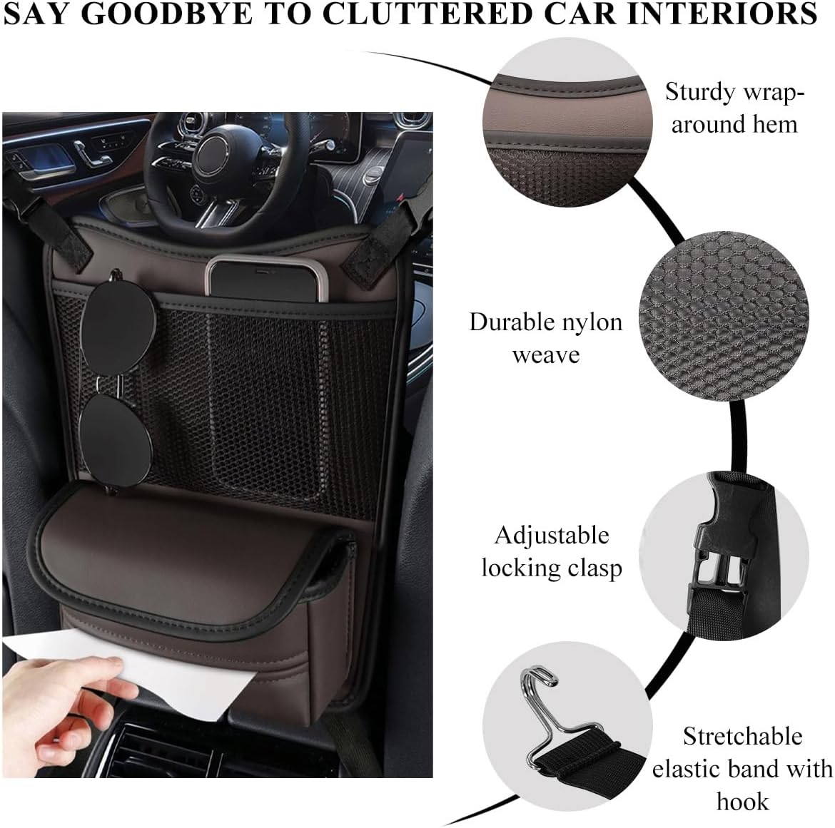 DXNQ Car Organizer Storage Between Seats, Leather Large Capacity Automobile Handbag Hanging Store Content Bag, Auto Console Organizer Holder for Snack Phone Document Storages, Car Accessories (Brown)