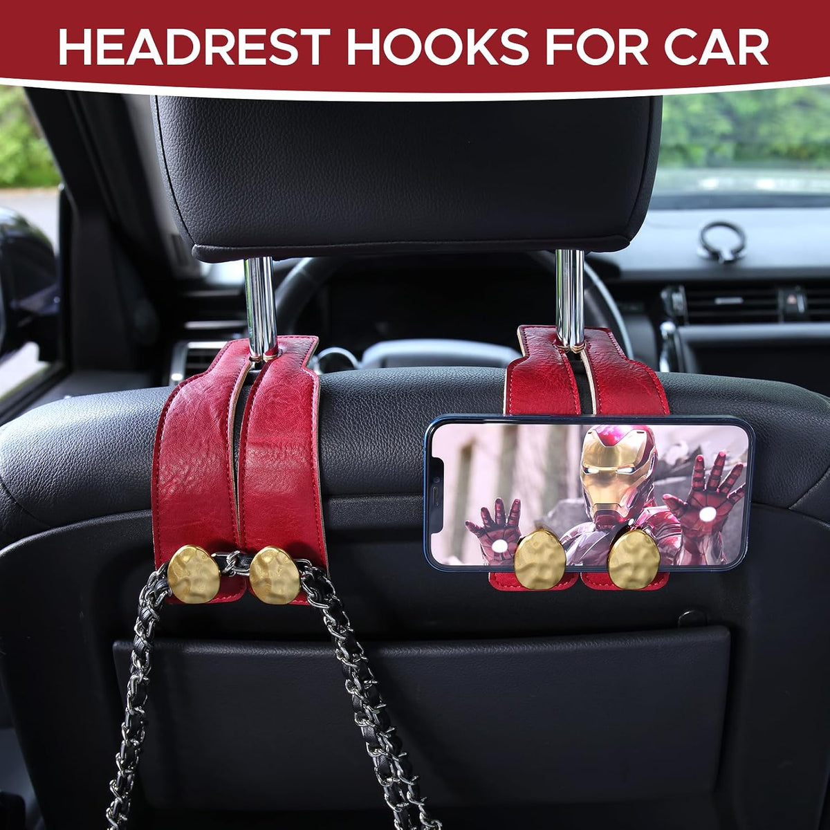Leather Car Purse Hook for Headrest, 2 Pack (Red-Gold)